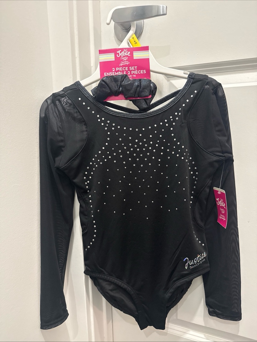 Justice Black Long-Sleeve Girl's Leotard with Sequins and Scrunchie- Size 10